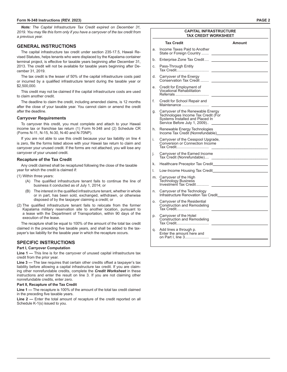 Form N-348 Capital Infrastructure Tax Credit - Hawaii, Page 2