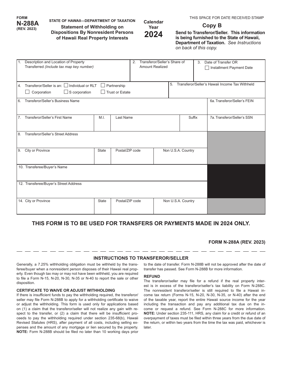 Form N-288A Statement of Withholding on Dispositions by Nonresident Persons of Hawaii Real Property Interests - Hawaii, Page 3
