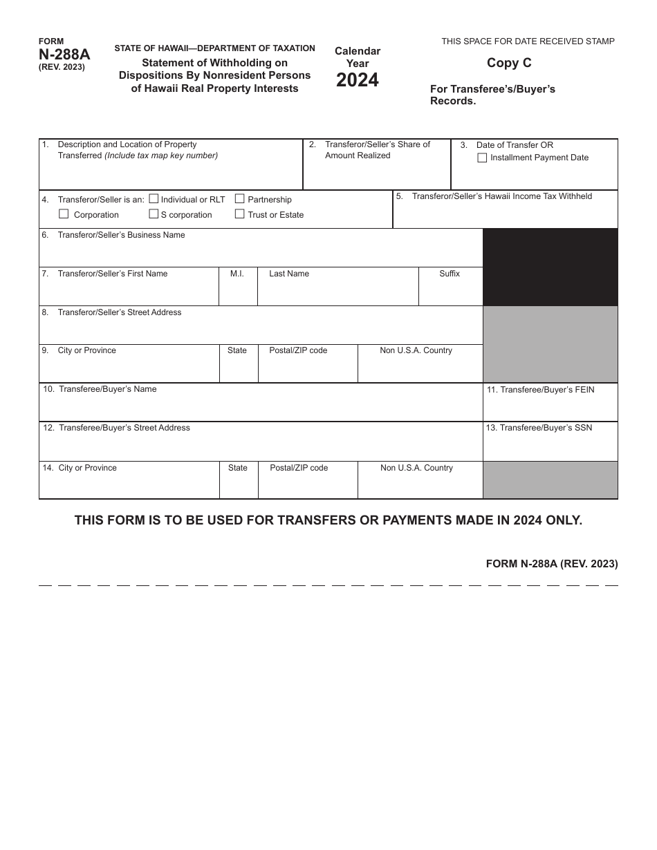 Form N-288A Statement of Withholding on Dispositions by Nonresident Persons of Hawaii Real Property Interests - Hawaii, Page 5