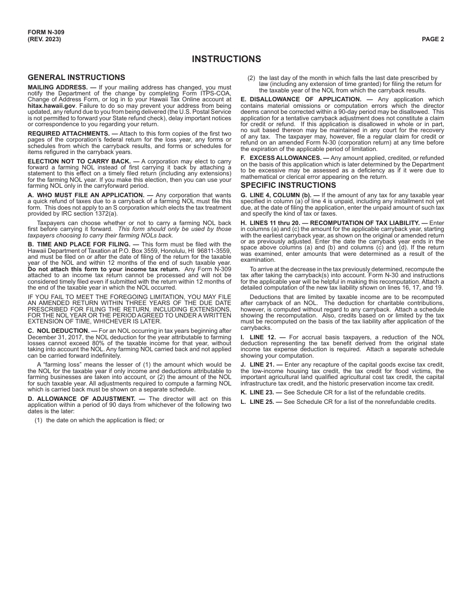 Form N-309 Corporation Application for Tentative Refund From Carryback of Net Operating Loss (Nol) - Hawaii, Page 2