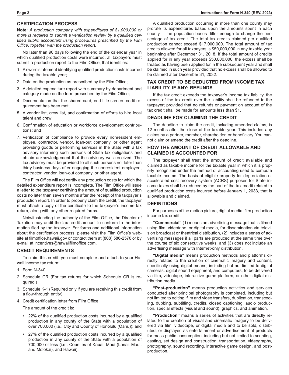 Instructions for Form N-340 Motion Picture, Digital Media, and Film Production Income Tax Credit - Hawaii, Page 2