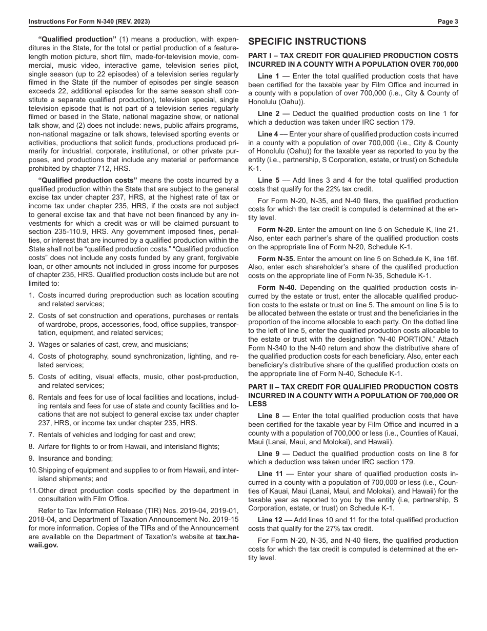 Instructions for Form N-340 Motion Picture, Digital Media, and Film Production Income Tax Credit - Hawaii, Page 3