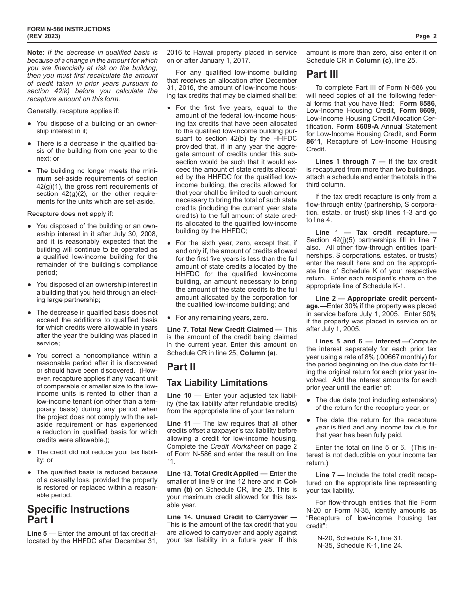Instructions for Form N-586 Tax Credit for Low-Income Housing - Hawaii, Page 2