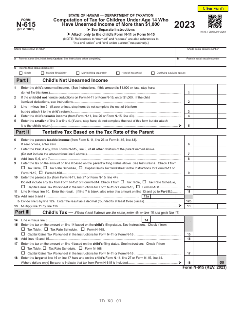 Form N-615 Computation of Tax for Children Under Age 14 Who Have Unearned Income of More Than $1,000 - Hawaii, 2023