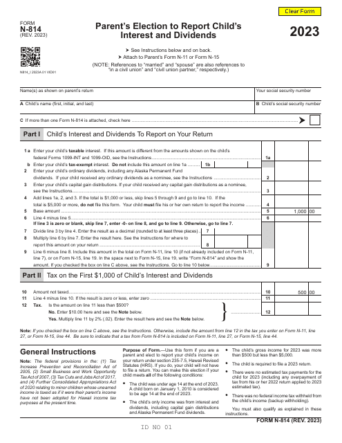 Form N-814 Parent's Election to Report Child's Interest and Dividends - Hawaii, 2023