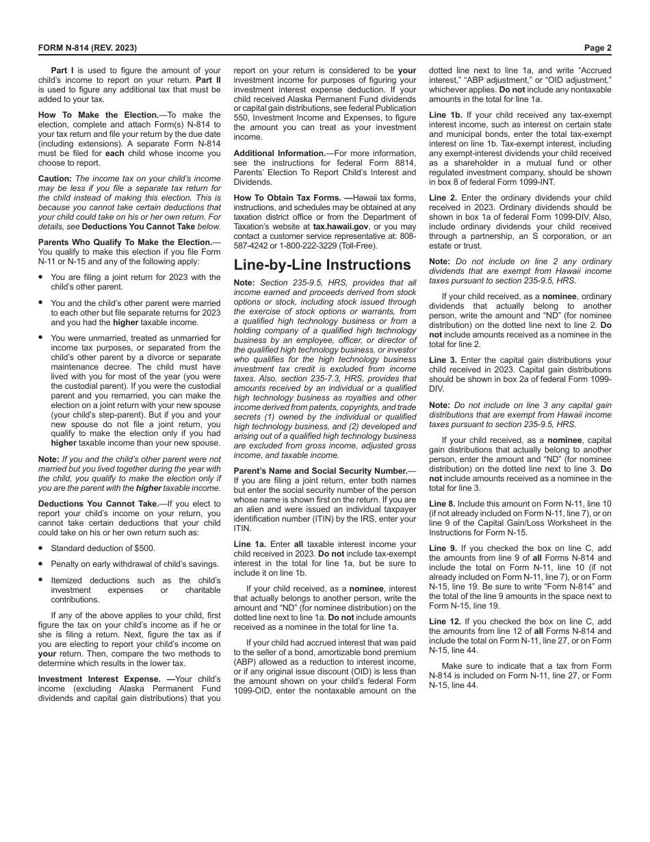 Form N-814 Parents Election to Report Childs Interest and Dividends - Hawaii, Page 2