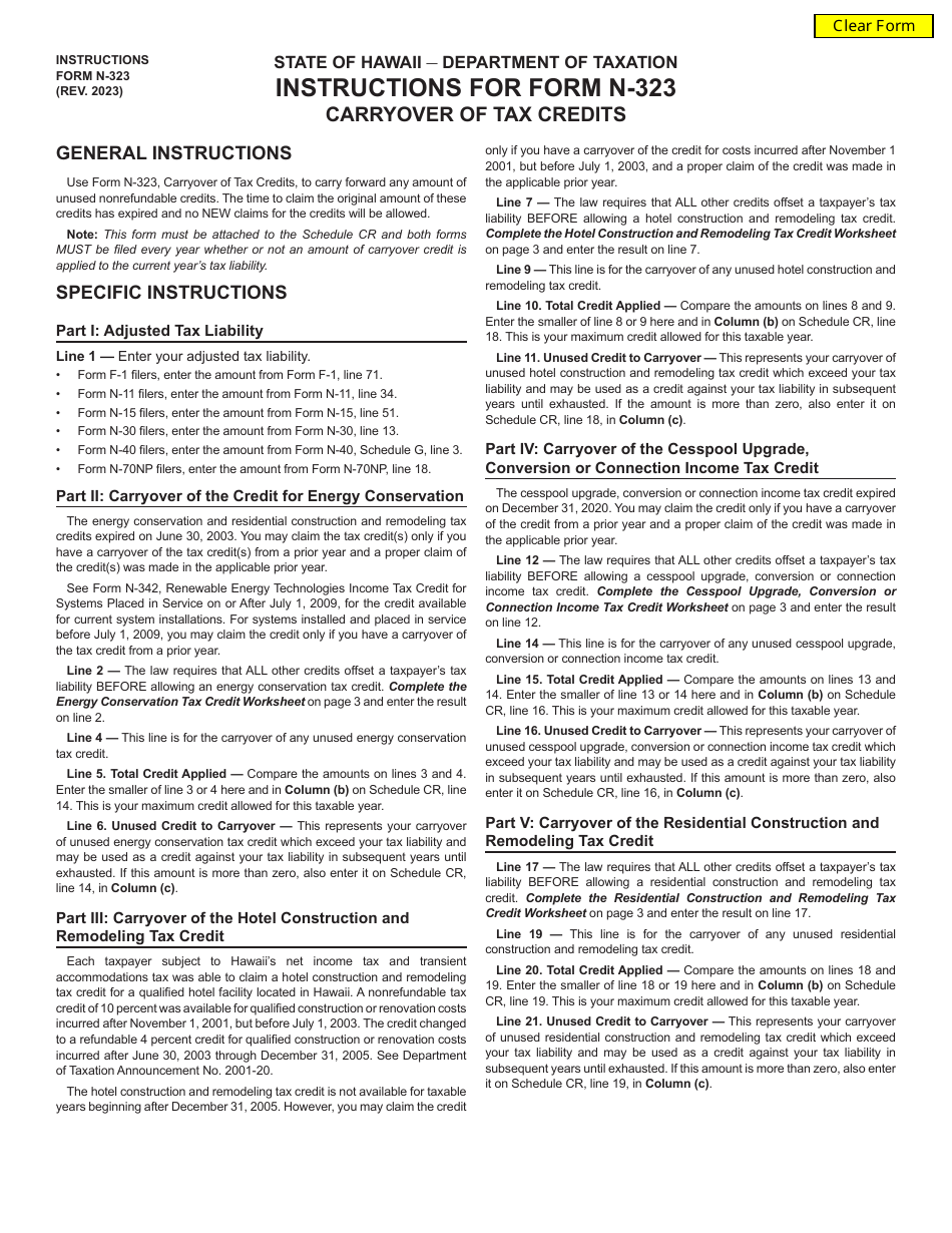 Instructions for Form N-323 Carryover of Tax Credits - Hawaii, Page 1