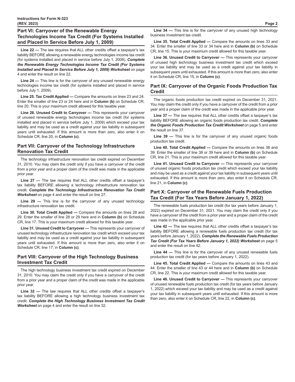 Instructions for Form N-323 Carryover of Tax Credits - Hawaii, Page 2