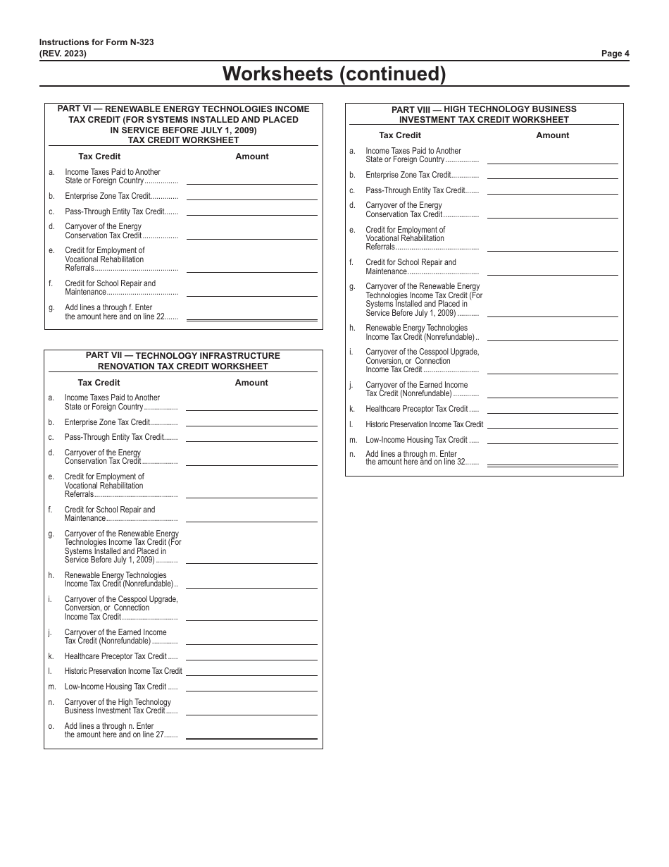 Instructions for Form N-323 Carryover of Tax Credits - Hawaii, Page 4