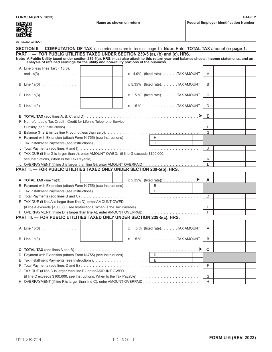 Form U-6 Public Service Company Tax Return - Hawaii, Page 2