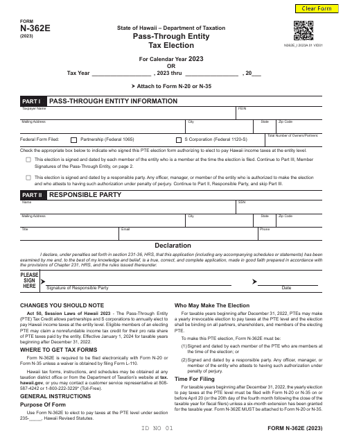 Form N-362E Pass-Through Entity Tax Election - Hawaii, 2023