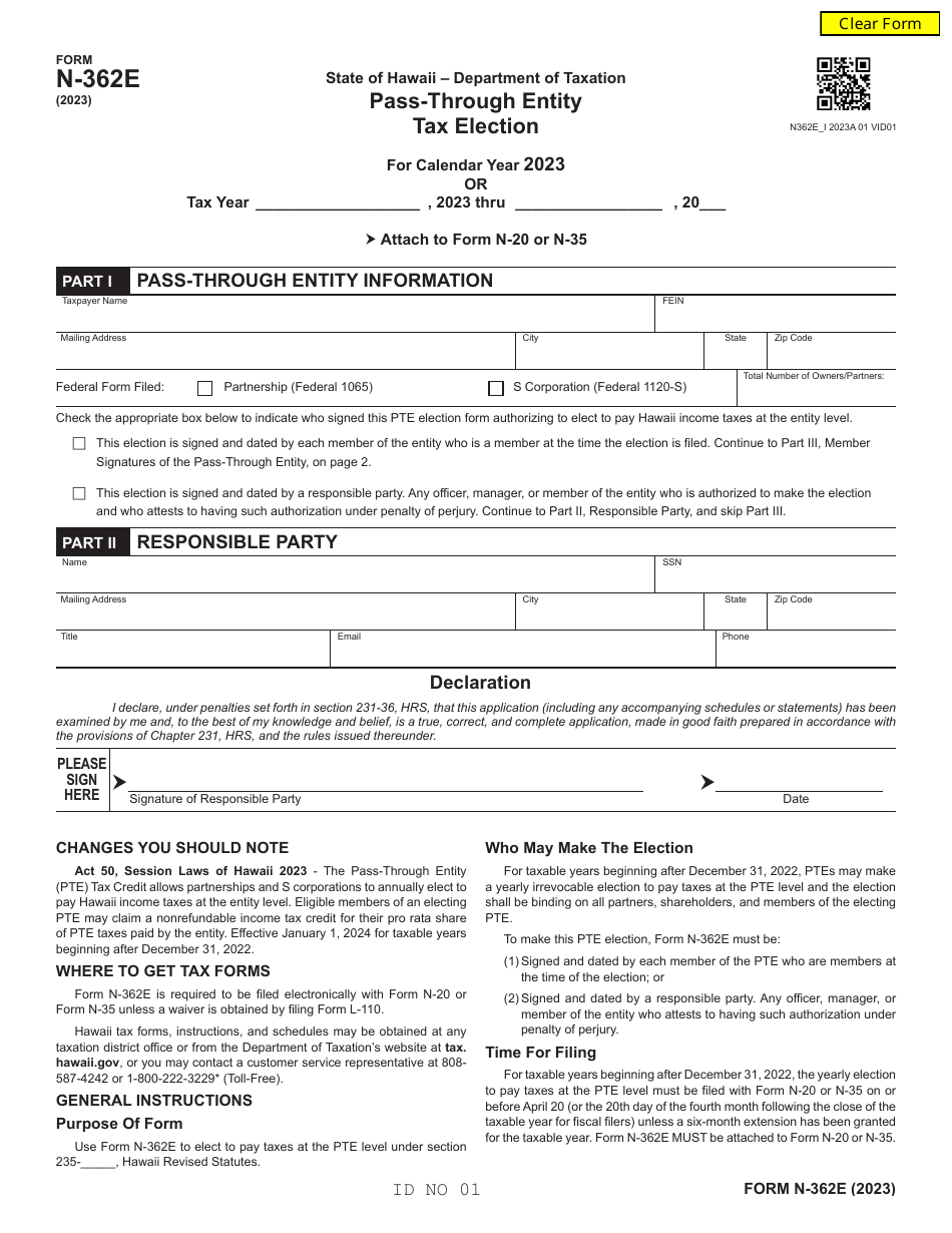 Form N-362E Pass-Through Entity Tax Election - Hawaii, Page 1