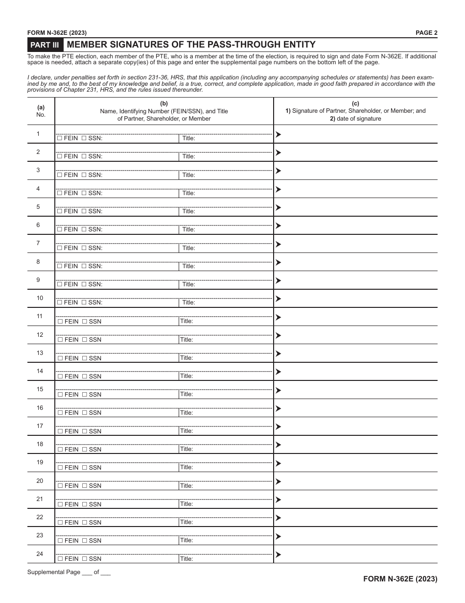 Form N-362E Pass-Through Entity Tax Election - Hawaii, Page 2