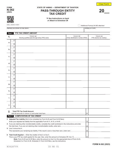 Form N-362 Pass-Through Entity Tax Credit - Hawaii