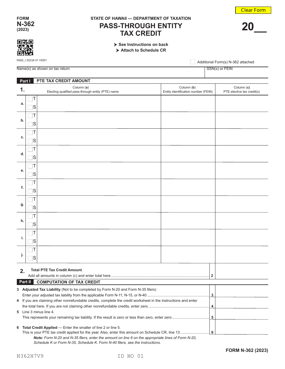 Form N-362 Pass-Through Entity Tax Credit - Hawaii, Page 1