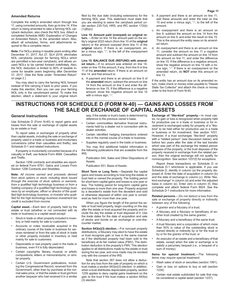 Instructions for Form N-40 Fiduciary Income Tax Return - Hawaii, Page 11