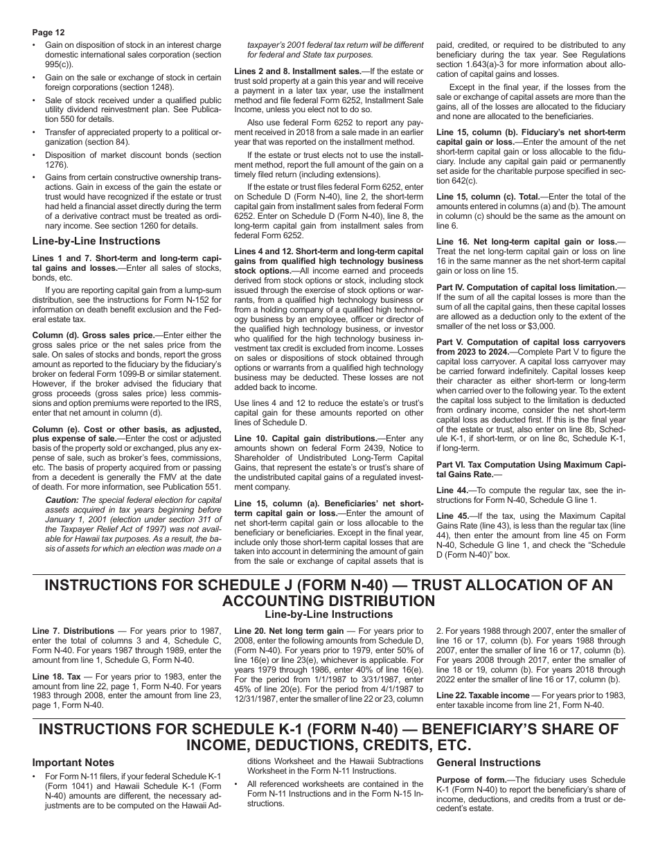 Instructions for Form N-40 Fiduciary Income Tax Return - Hawaii, Page 12