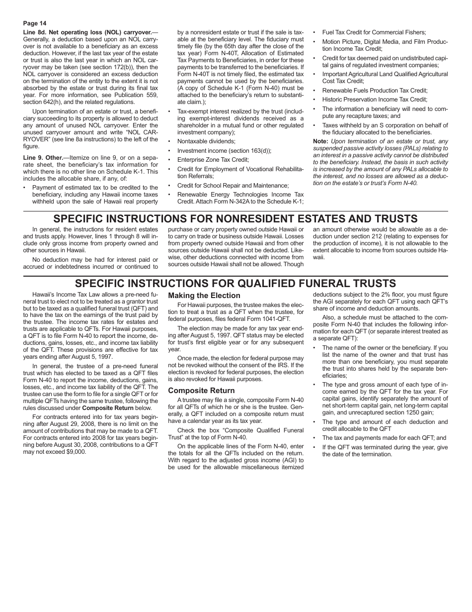 Instructions for Form N-40 Fiduciary Income Tax Return - Hawaii, Page 14