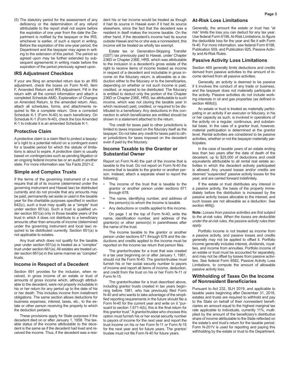 Instructions for Form N-40 Fiduciary Income Tax Return - Hawaii, Page 3