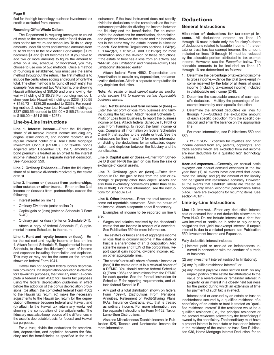 Instructions for Form N-40 Fiduciary Income Tax Return - Hawaii, Page 6