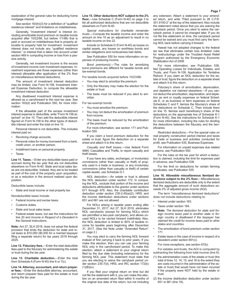 Instructions for Form N-40 Fiduciary Income Tax Return - Hawaii, Page 7