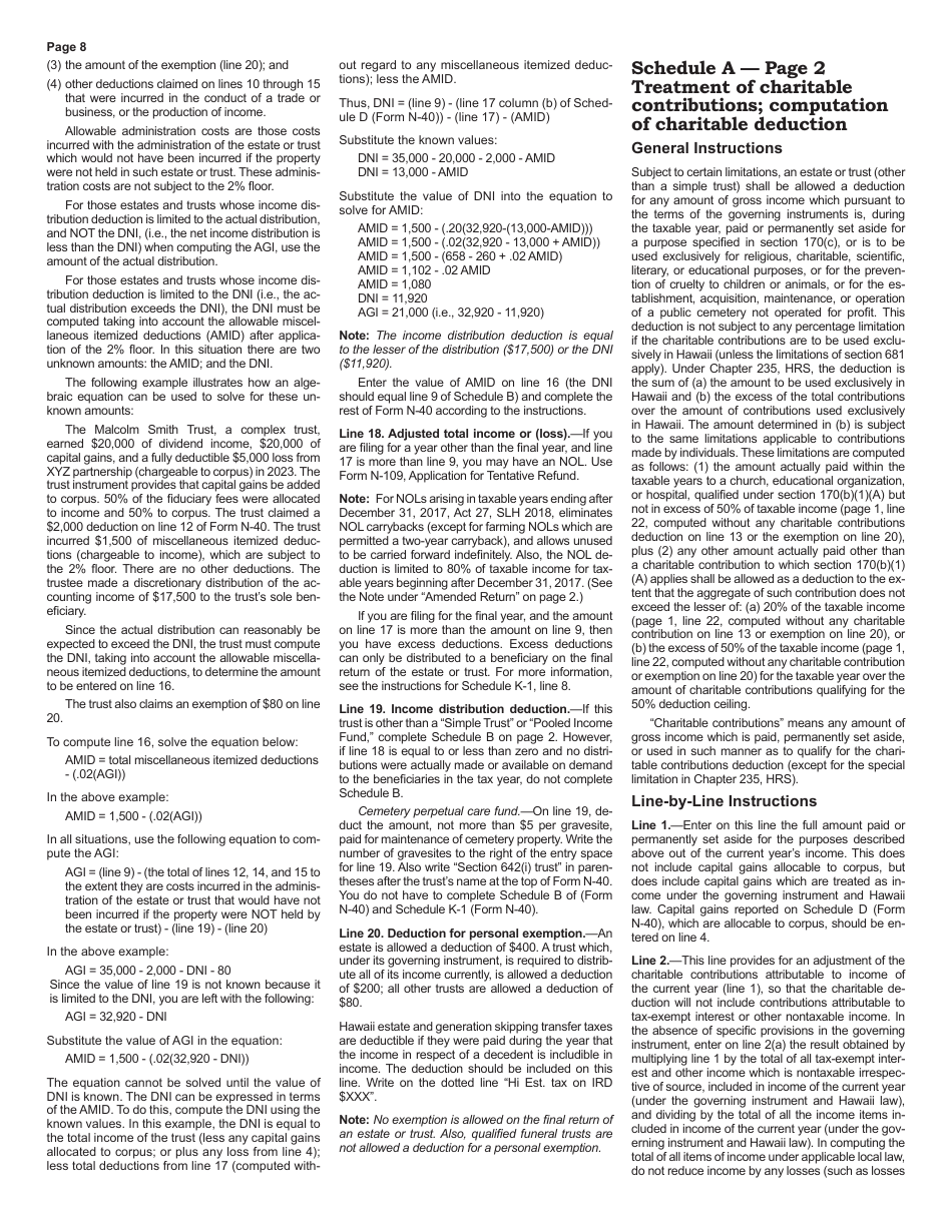 Instructions for Form N-40 Fiduciary Income Tax Return - Hawaii, Page 8