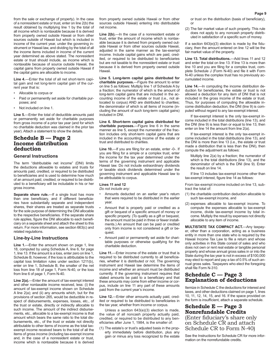 Instructions for Form N-40 Fiduciary Income Tax Return - Hawaii, Page 9