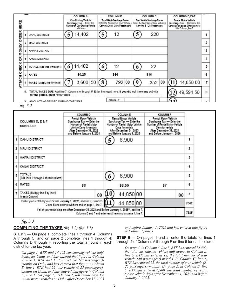 Instructions for Form RV-3 Rental Motor Vehicle, Tour Vehicle, and Carsharing Vehicle Surcharge Tax Annual Return  Reconciliation for Tax Years Ending After December 31, 2022 and Before January 1, 2026 - Hawaii, Page 3