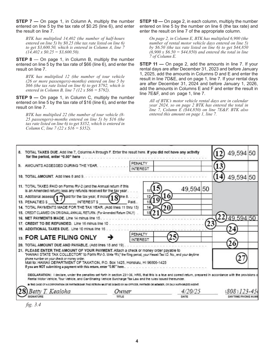 Instructions for Form RV-3 Rental Motor Vehicle, Tour Vehicle, and Carsharing Vehicle Surcharge Tax Annual Return  Reconciliation for Tax Years Ending After December 31, 2022 and Before January 1, 2026 - Hawaii, Page 4