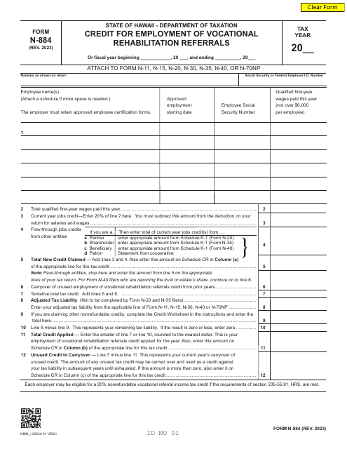 Form N-884 Credit for Employment of Vocational Rehabilitation Referrals - Hawaii