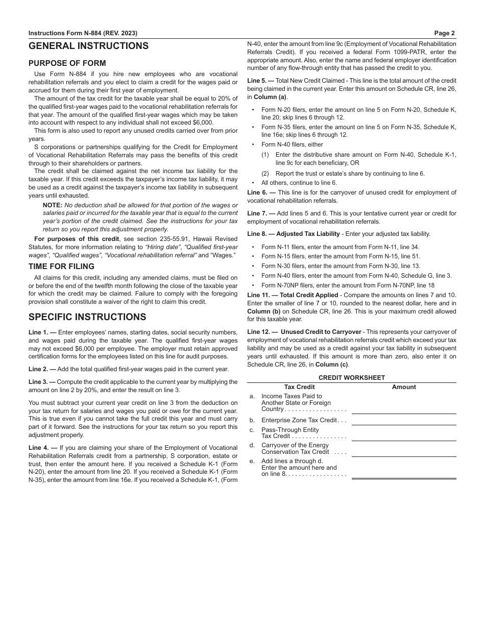 Form N-884 Credit for Employment of Vocational Rehabilitation Referrals - Hawaii, Page 2