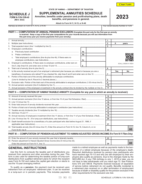 Form N-11 (N-15; N-40) Schedule J Supplemental Annuities Schedule - Hawaii, 2023