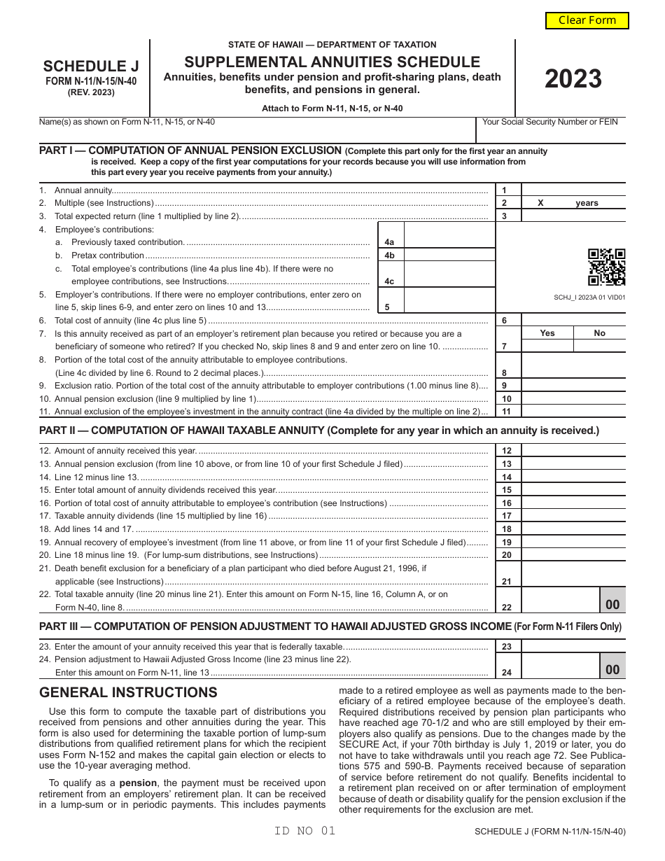 Form N-11 (N-15; N-40) Schedule J Supplemental Annuities Schedule - Hawaii, Page 1