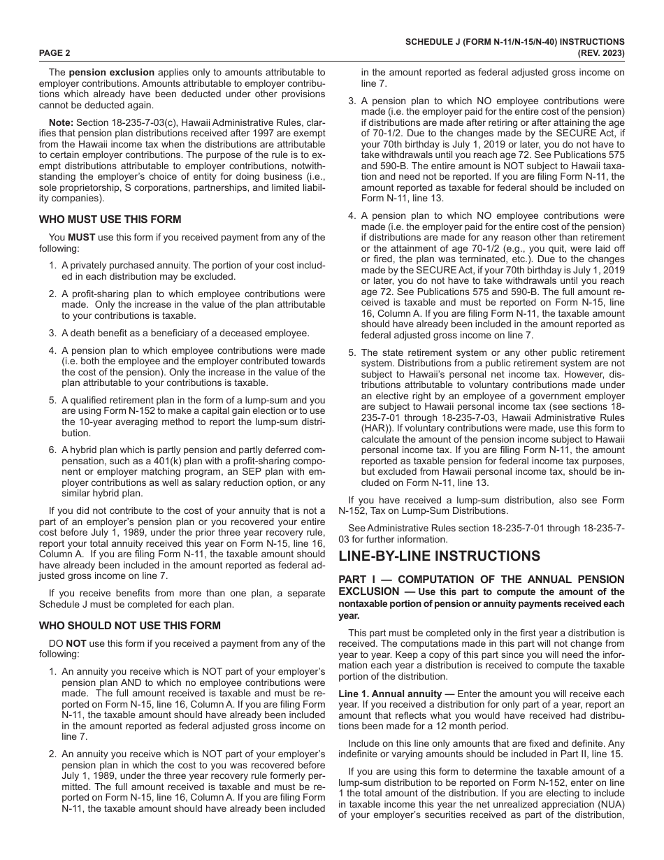 Form N-11 (N-15; N-40) Schedule J Supplemental Annuities Schedule - Hawaii, Page 2