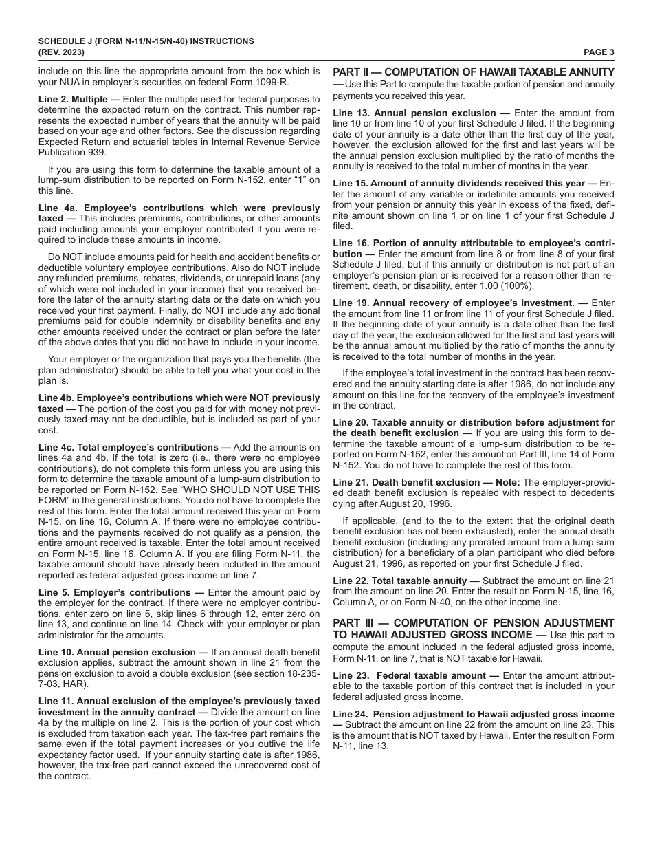 Form N-11 (N-15; N-40) Schedule J Supplemental Annuities Schedule - Hawaii, Page 3