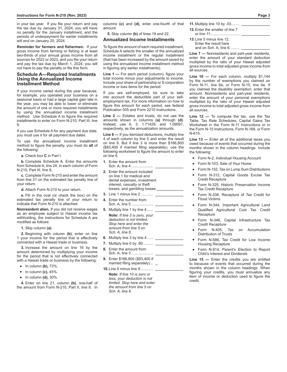 Instructions for Form N-210 Underpayment of Estimated Tax by Individuals, Estates, and Trusts - Hawaii, Page 3