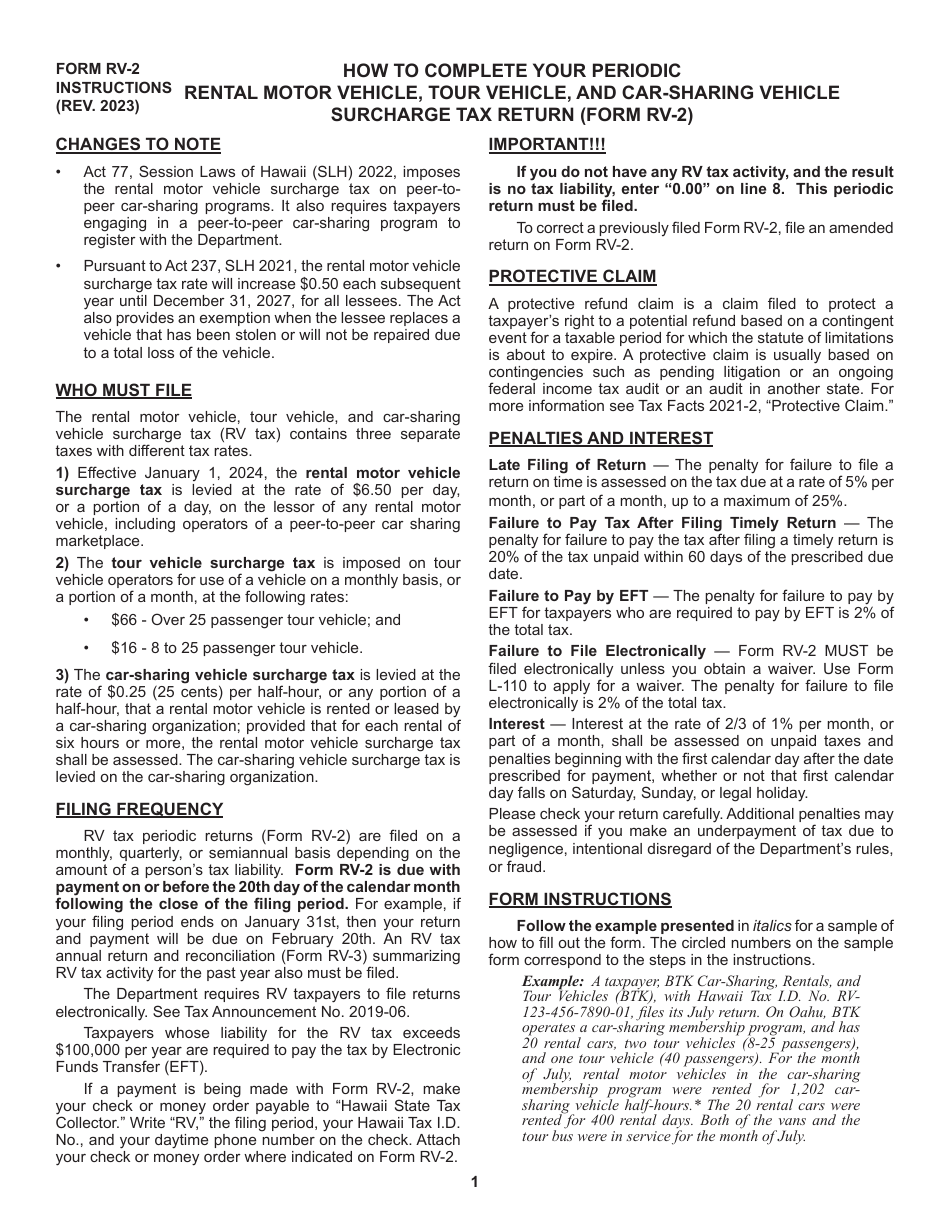 Instructions for Rental Motor Vehicle, Tour Vehicle, and Car-Sharing Vehicle Surcharge Tax - Hawaii, Page 1