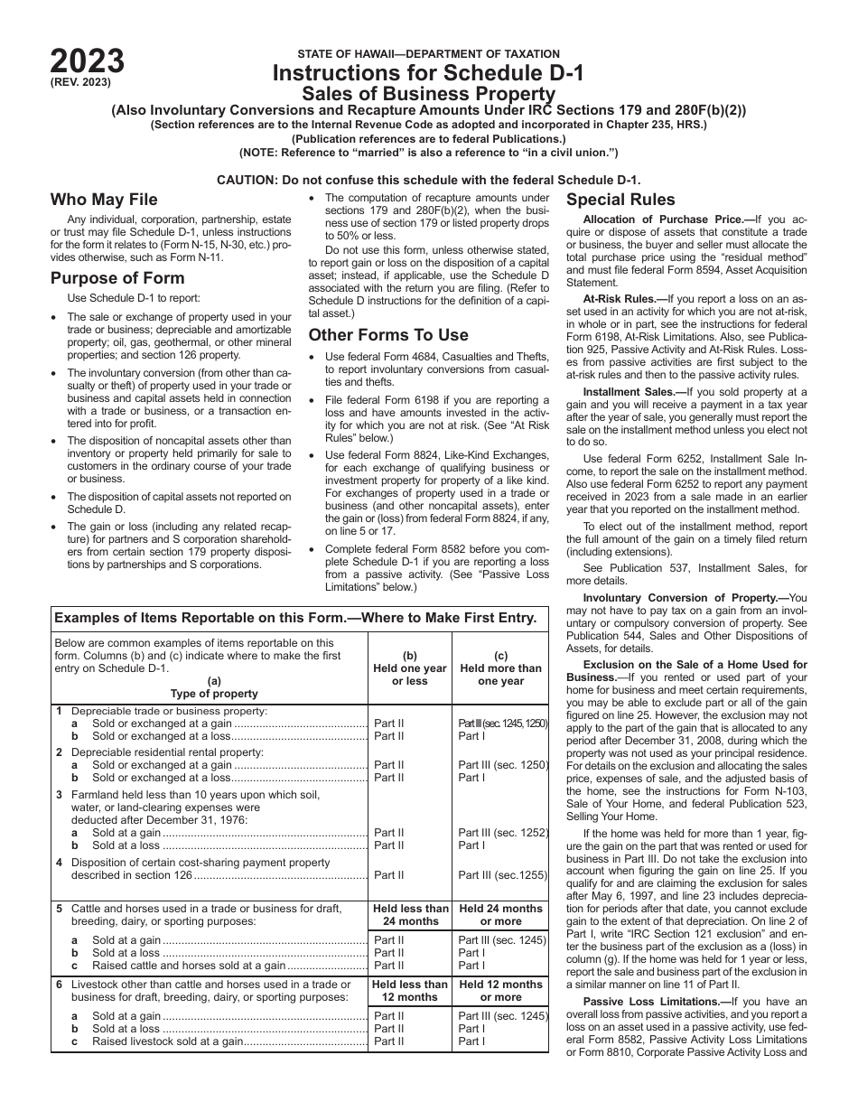 Instructions for Schedule D-1 Sales of Business Property - Hawaii, Page 1