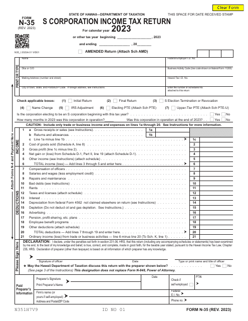 Form N-35 S Corporation Income Tax Return - Hawaii, 2023
