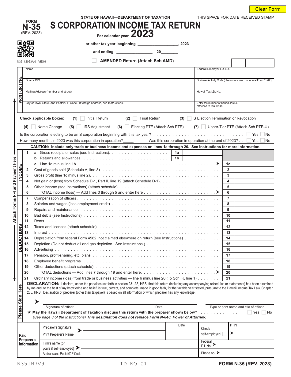 Form N35 Download Fillable PDF or Fill Online S Corporation Tax