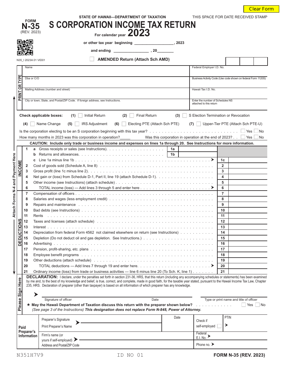 Form N-35 S Corporation Income Tax Return - Hawaii, Page 1