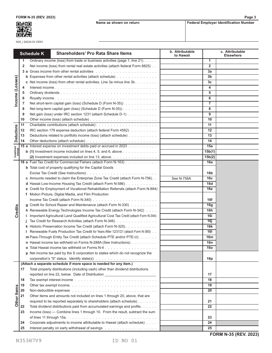 Form N-35 S Corporation Income Tax Return - Hawaii, Page 3
