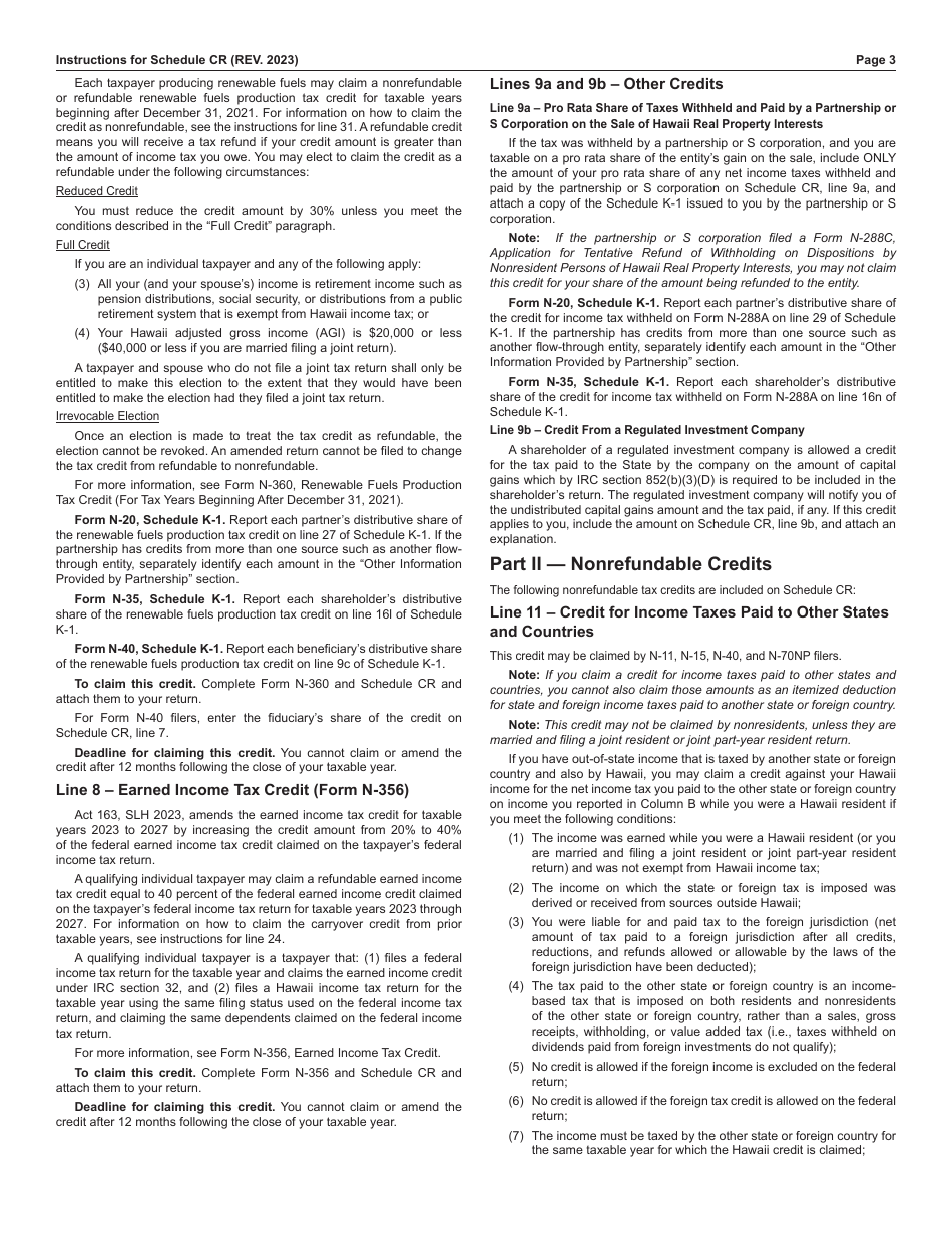 Instructions for Schedule CR Schedule of Tax Credits - Hawaii, Page 3
