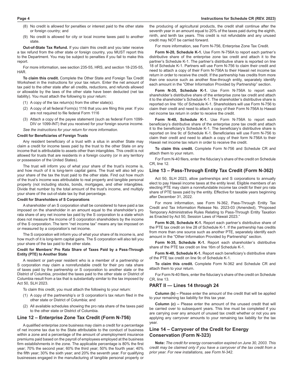 Instructions for Schedule CR Schedule of Tax Credits - Hawaii, Page 4
