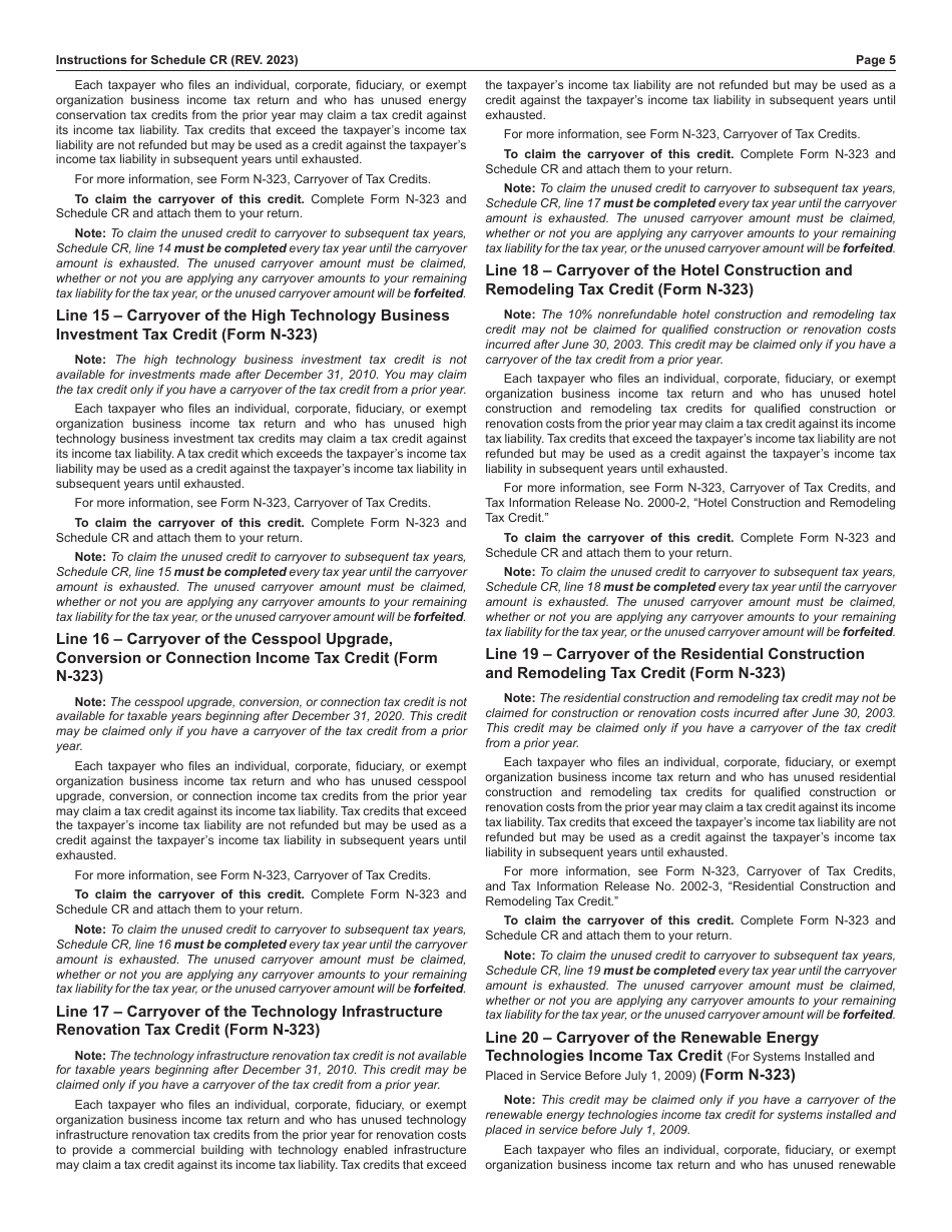 Instructions for Schedule CR Schedule of Tax Credits - Hawaii, Page 5