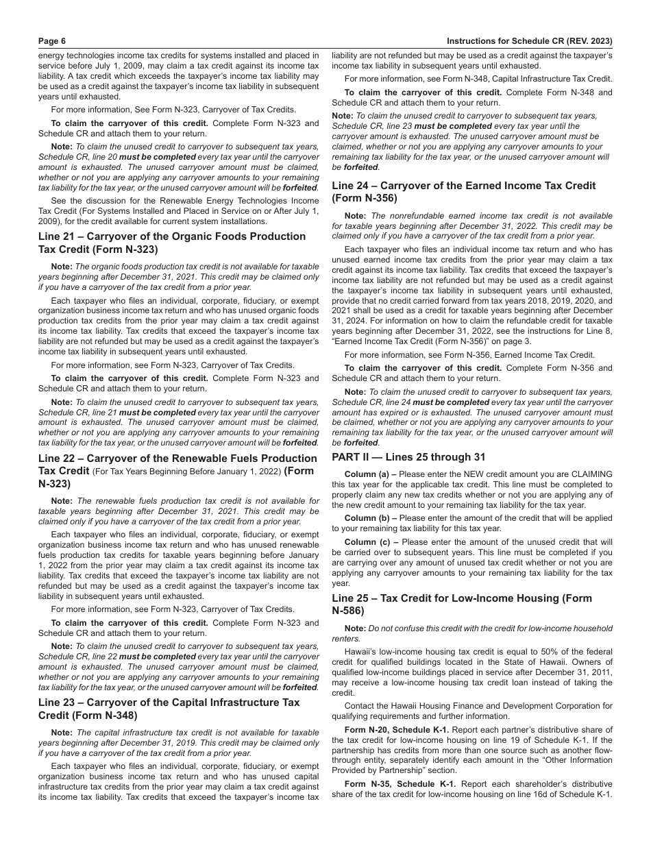 Instructions for Schedule CR Schedule of Tax Credits - Hawaii, Page 6