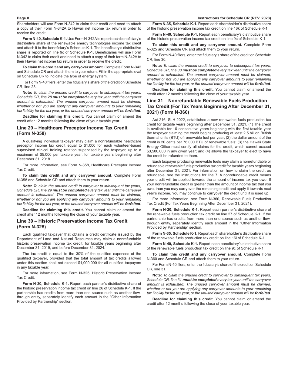 Instructions for Schedule CR Schedule of Tax Credits - Hawaii, Page 8