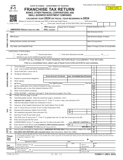 Form F-1 Franchise Tax Return - Banks, Other Financial Corporations, and Small Business Investment Companies - Hawaii, 2024