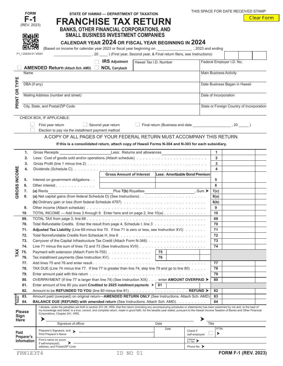 Form F-1 Franchise Tax Return - Banks, Other Financial Corporations, and Small Business Investment Companies - Hawaii, Page 1