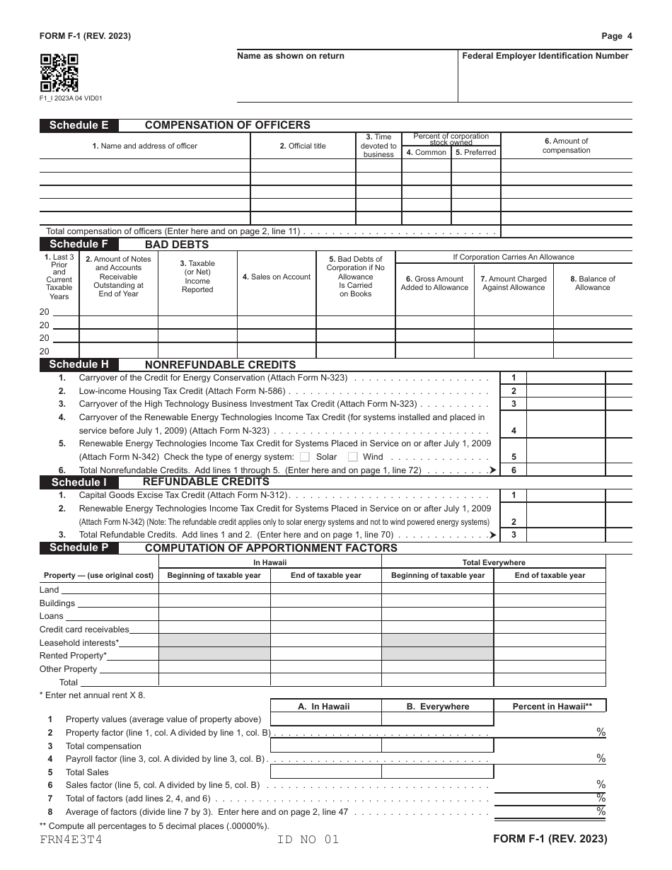 Form F-1 Franchise Tax Return - Banks, Other Financial Corporations, and Small Business Investment Companies - Hawaii, Page 4